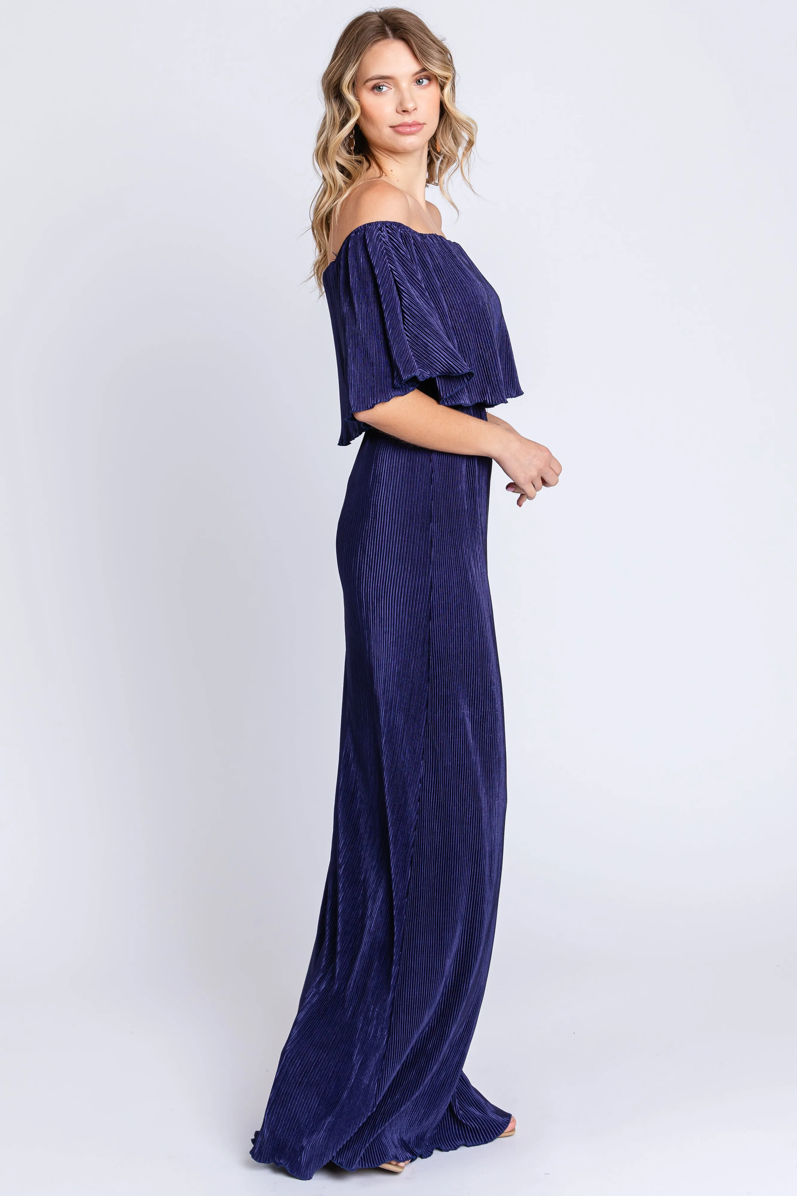 Navy Pleated Ruffle Off Shoulder Maxi Dress sold by Pinkblush product image thumbnail 2