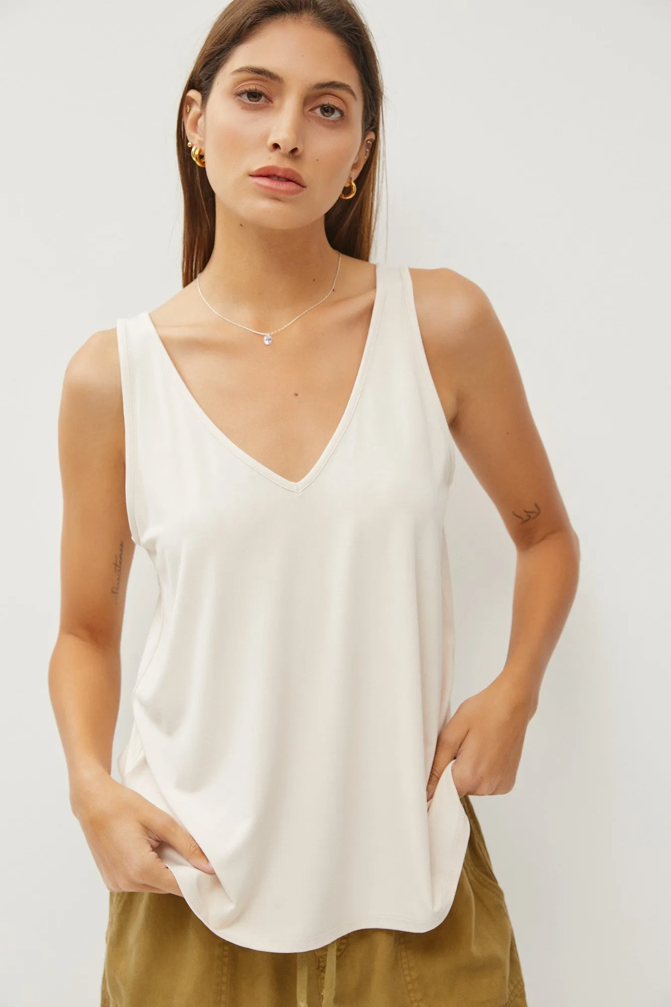 Beige V-Neck Tank Top sold by Pinkblush