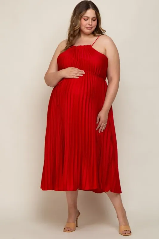 Red Pleated Sleeveless Waist Tie Maternity Plus Maxi Dress sold by Pinkblush