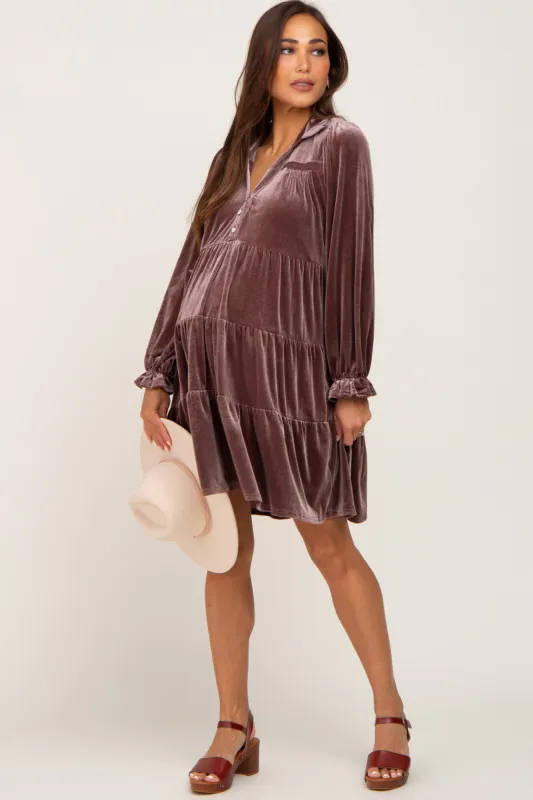 Brown Velvet Long Sleeve Tiered Collared Maternity Dress sold by Pinkblush