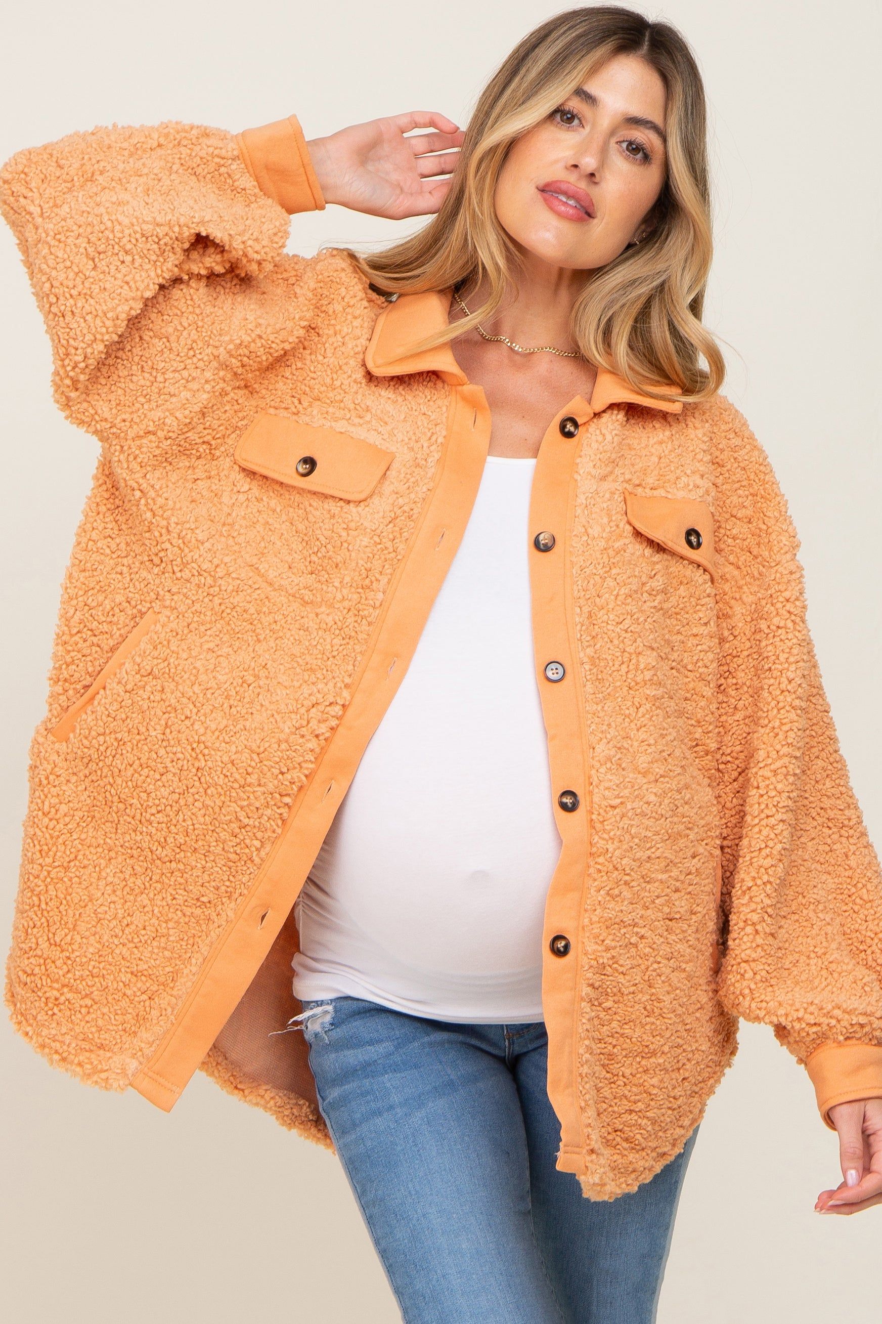 Peach Contrast Oversized Sherpa Maternity Coat sold by Pinkblush product image thumbnail 2