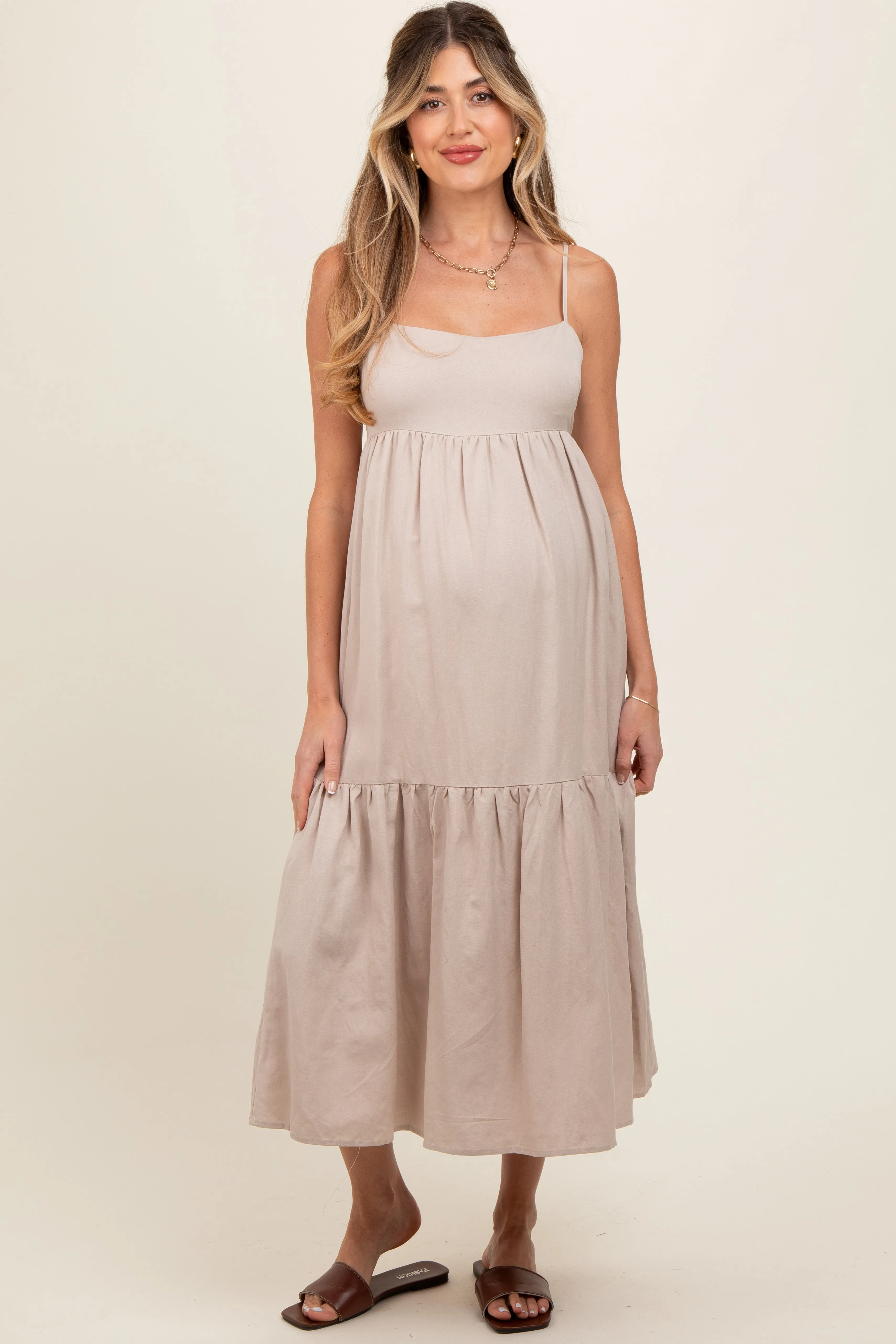 Taupe Square Neck Sleeveless Tiered Maternity Maxi Dress sold by Pinkblush product image thumbnail 2