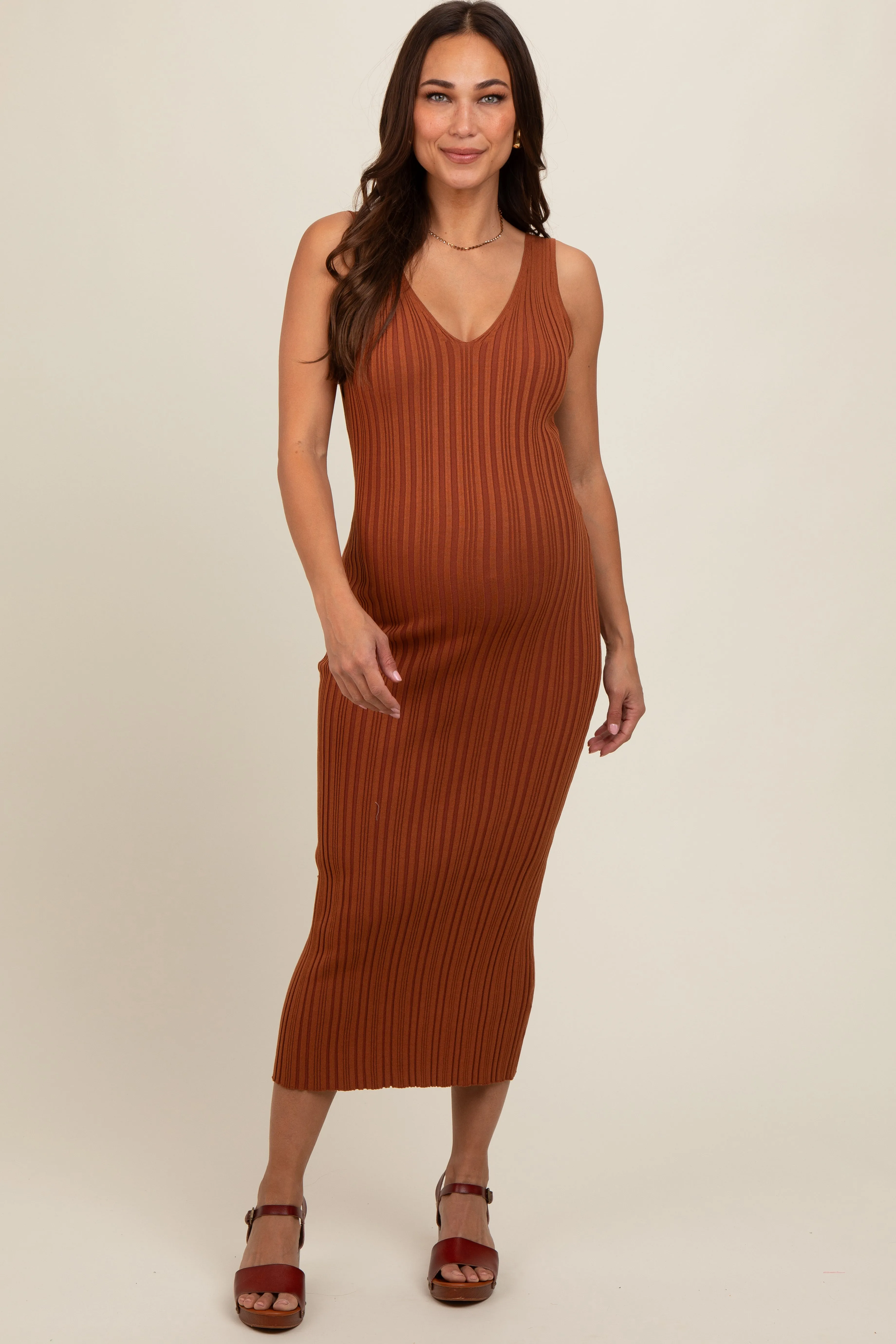 Rust V Neck Sleeveless Knit Maternity Midi Dress sold by Pinkblush product image thumbnail 2