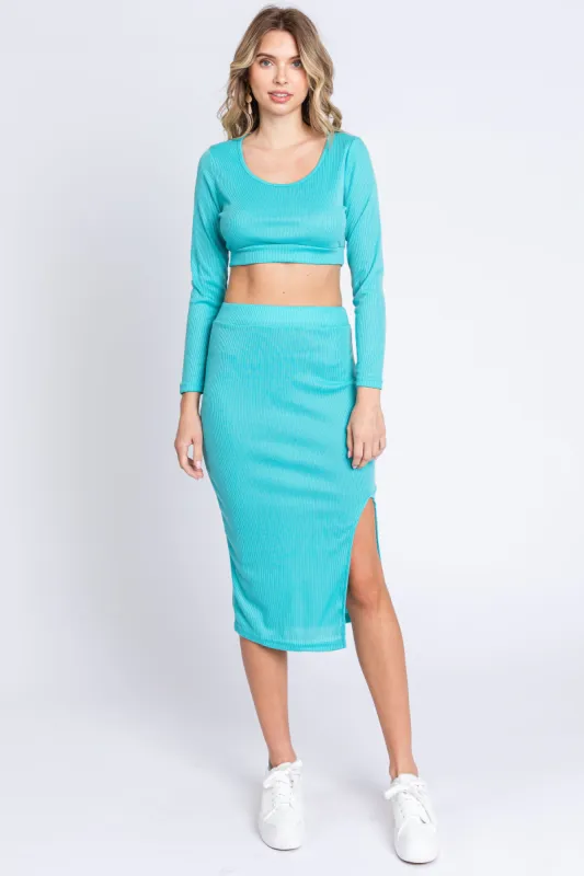 Turquoise Ribbed Long Sleeve Crop Top Skirt Set sold by Pinkblush