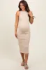 Beige Sleeveless Ribbed Knit Maternity Midi Dress sold by Pinkblush