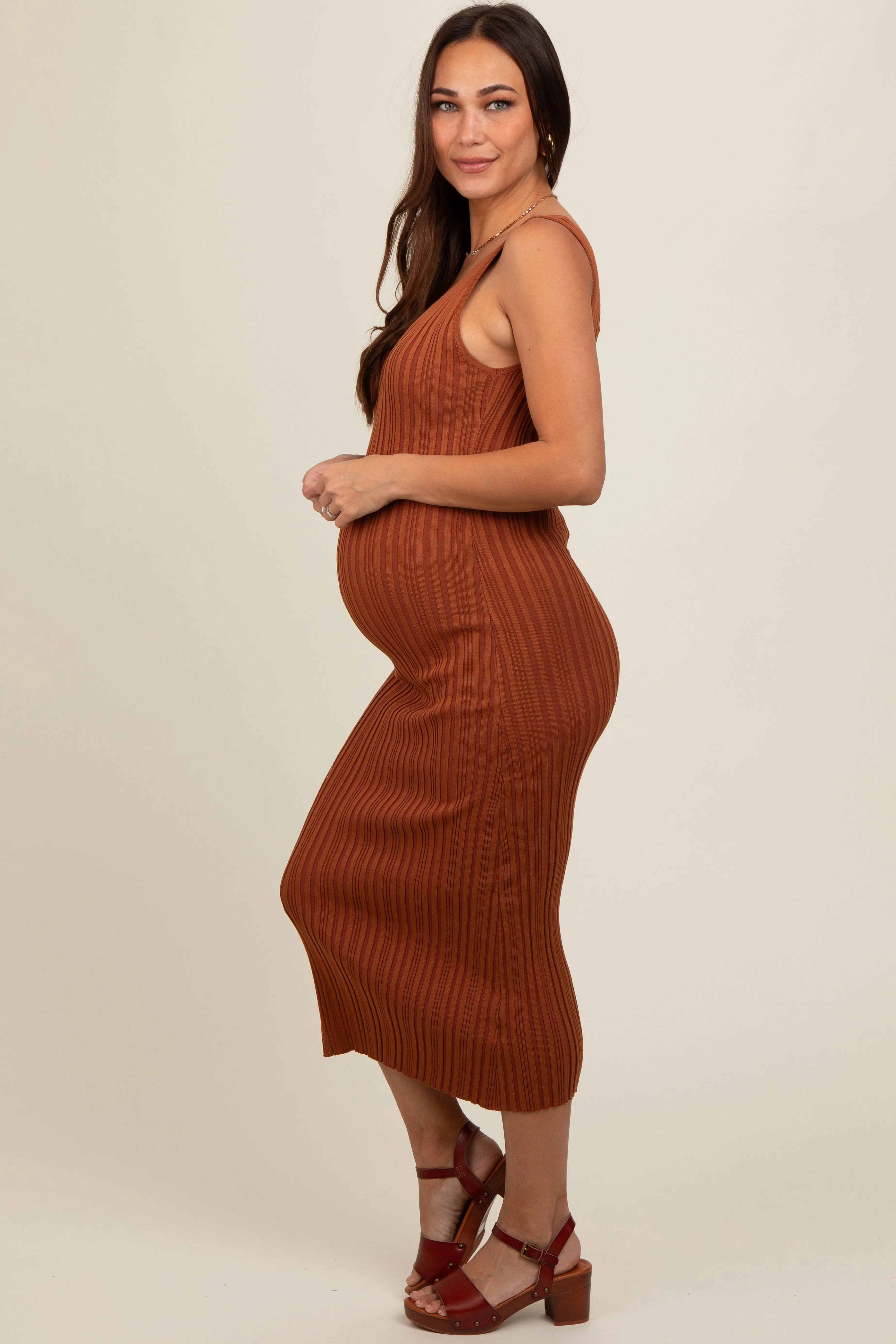 Rust V Neck Sleeveless Knit Maternity Midi Dress sold by Pinkblush product image thumbnail 3