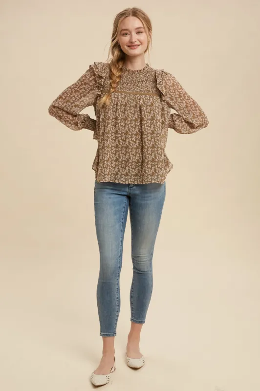 Taupe Floral Smocked Floral Print Ruffle Neck Blouse sold by Pinkblush