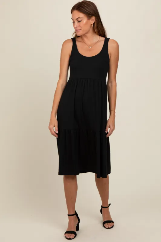 Black Tiered Sleeveless Midi Dress sold by Pinkblush