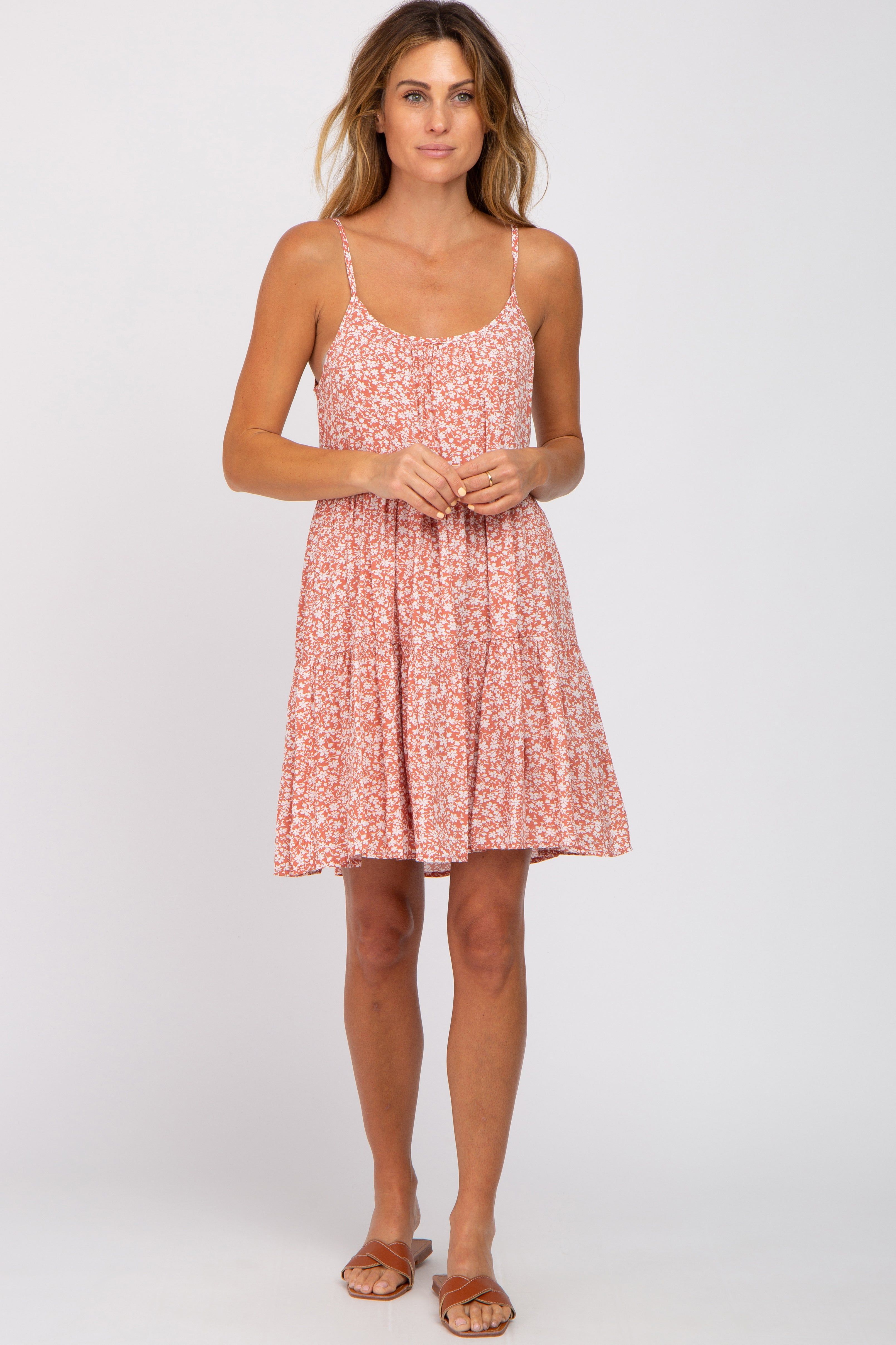 Salmon Floral Tiered Mini Dress sold by Pinkblush product image thumbnail 4