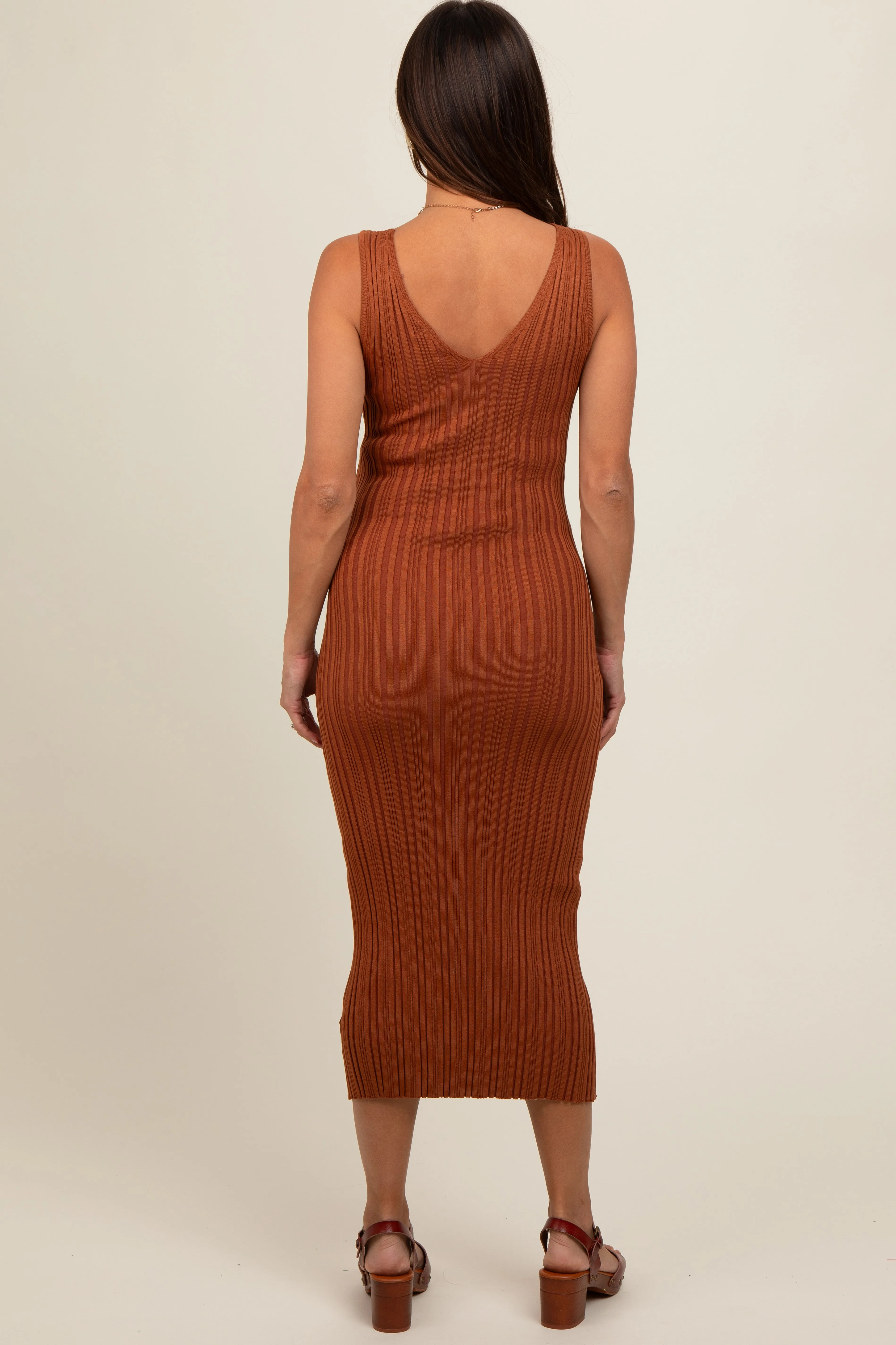 Rust V Neck Sleeveless Knit Maternity Midi Dress sold by Pinkblush product image thumbnail 4