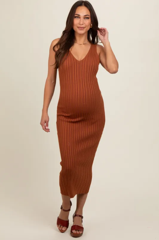 Rust V Neck Sleeveless Knit Maternity Midi Dress sold by Pinkblush