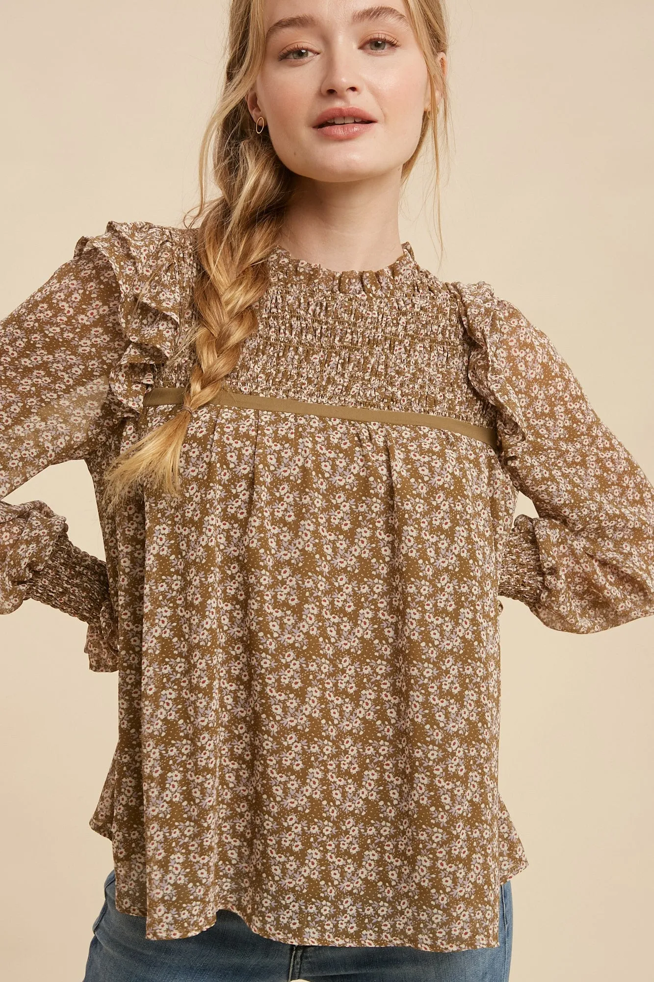 Taupe Floral Smocked Floral Print Ruffle Neck Blouse sold by Pinkblush product image thumbnail 2