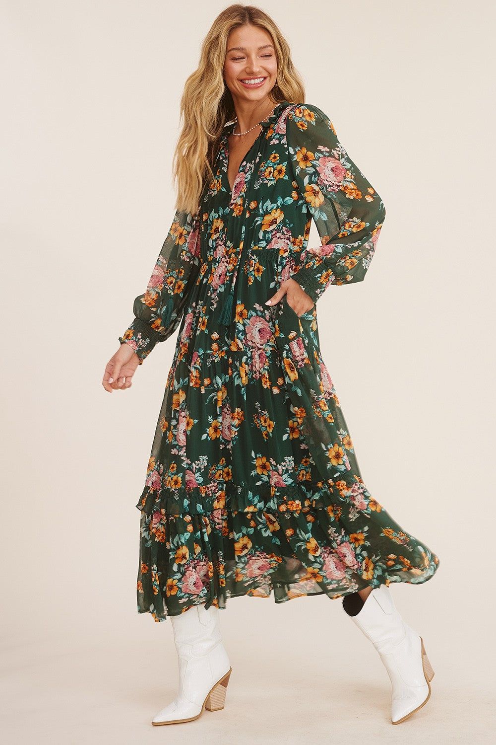 Green Tie Front Floral Print Tiered Maxi Dress sold by Pinkblush product image thumbnail 2