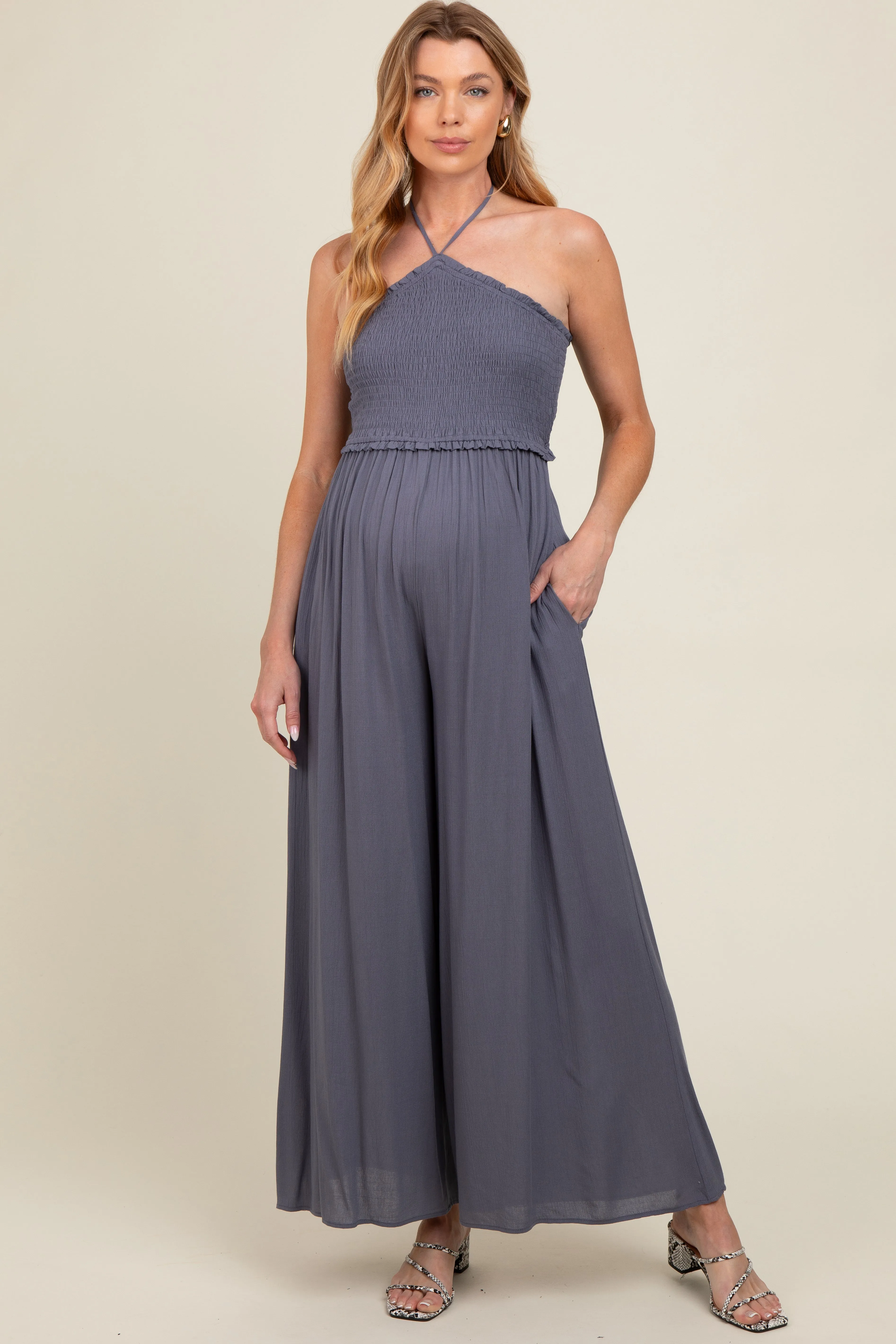 Indigo Back Cutout Smocked Halter Wide Leg Maternity Jumpsuit sold by Pinkblush product image thumbnail 2
