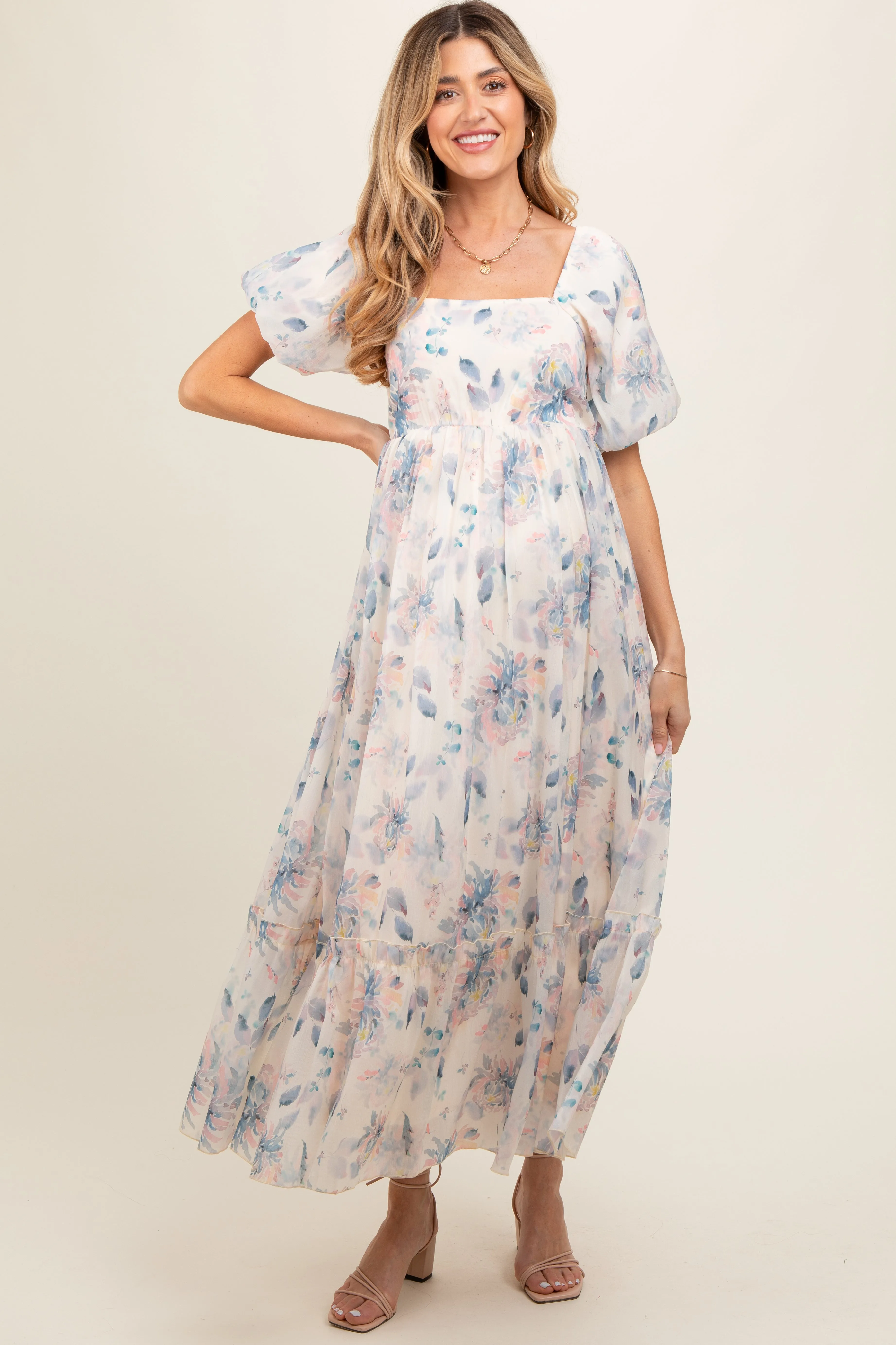 Beige Puff Sleeve Square Neck Maternity Dress sold by Pinkblush