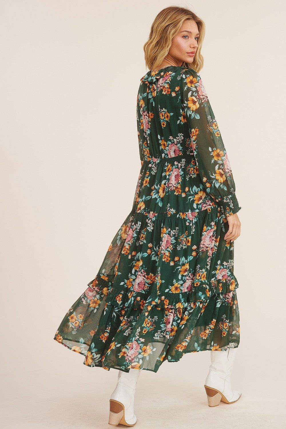 Green Tie Front Floral Print Tiered Maxi Dress sold by Pinkblush product image thumbnail 3