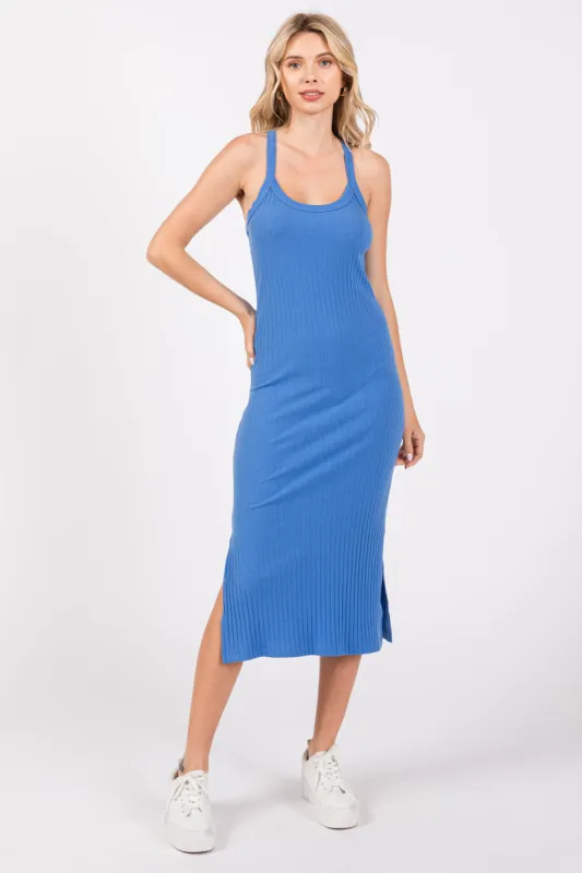 Blue Ribbed Racerback Midi Dress sold by Pinkblush