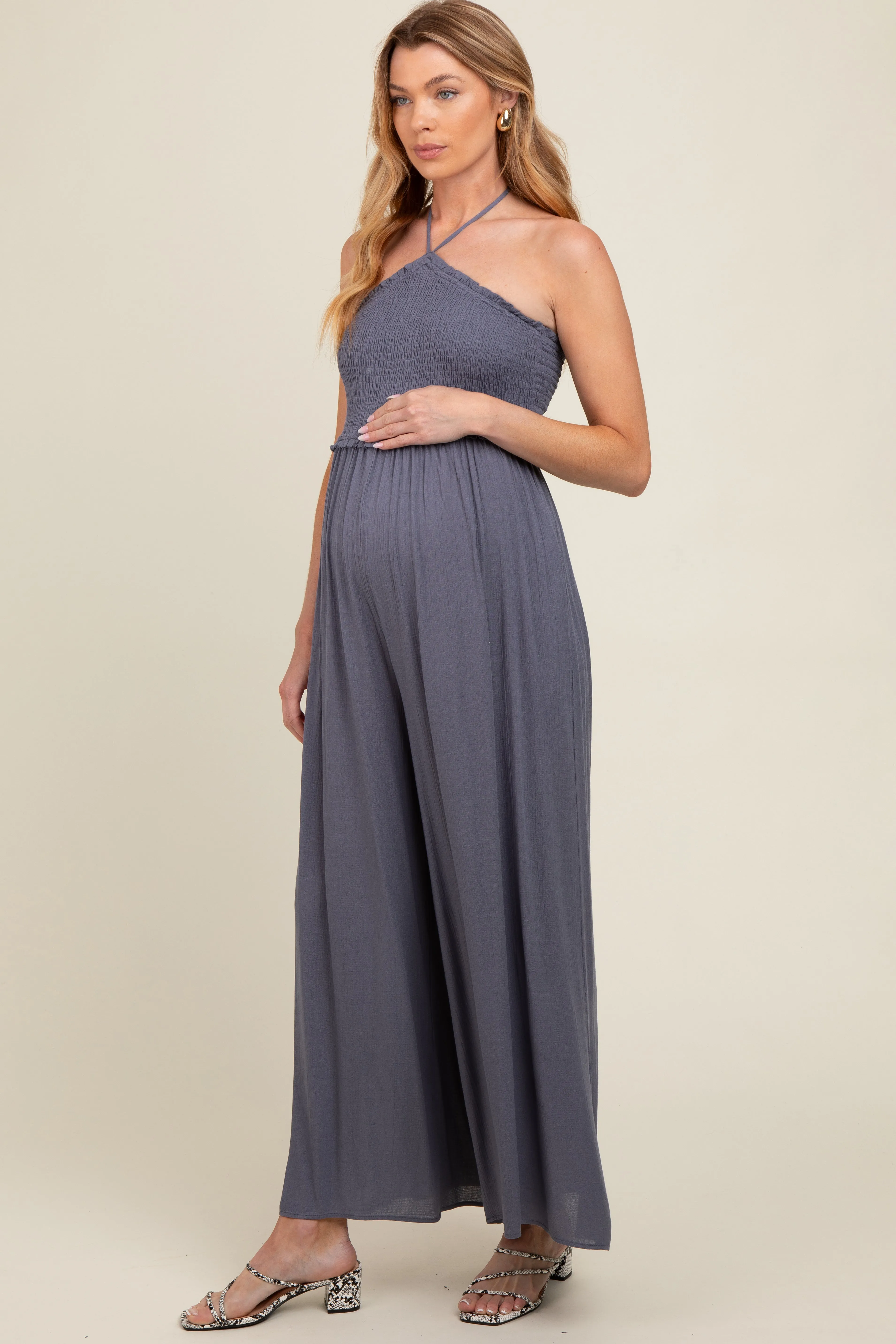 Indigo Back Cutout Smocked Halter Wide Leg Maternity Jumpsuit sold by Pinkblush product image thumbnail 3