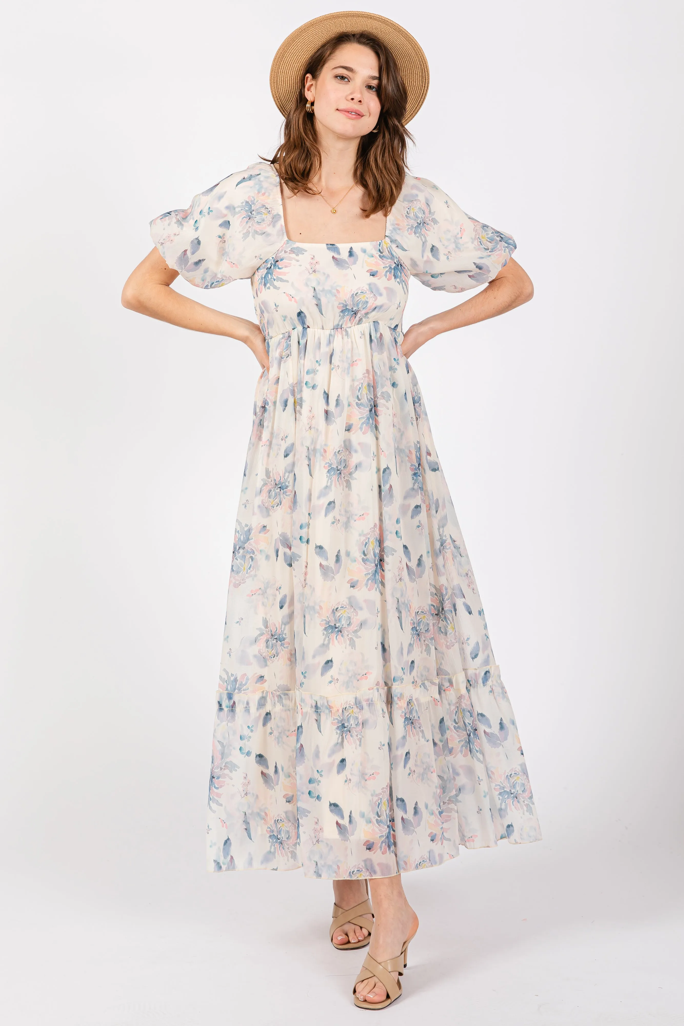 Beige Puff Sleeve Square Neck Maternity Dress sold by Pinkblush product image thumbnail 5