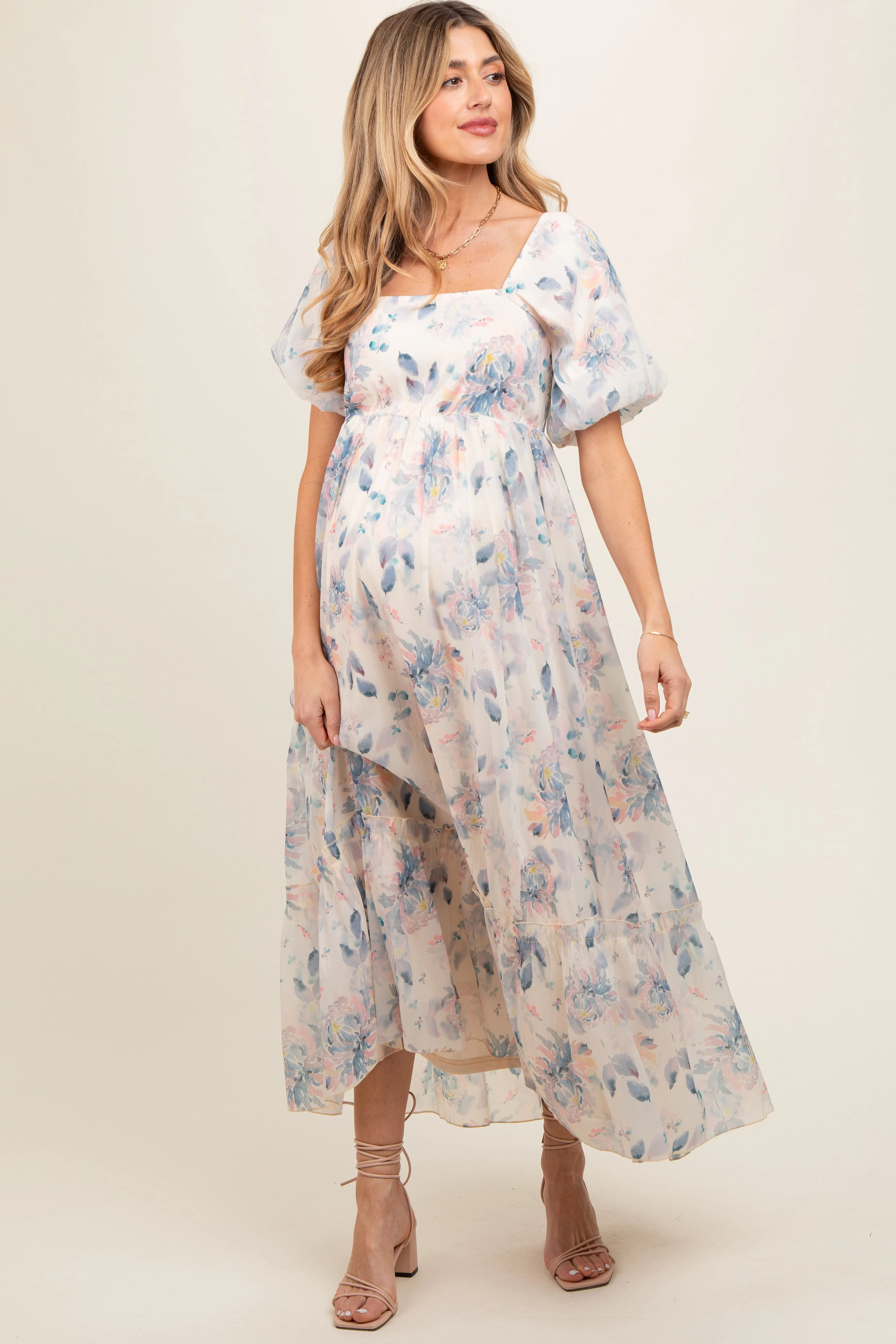 Beige Puff Sleeve Square Neck Maternity Dress sold by Pinkblush product image thumbnail 2