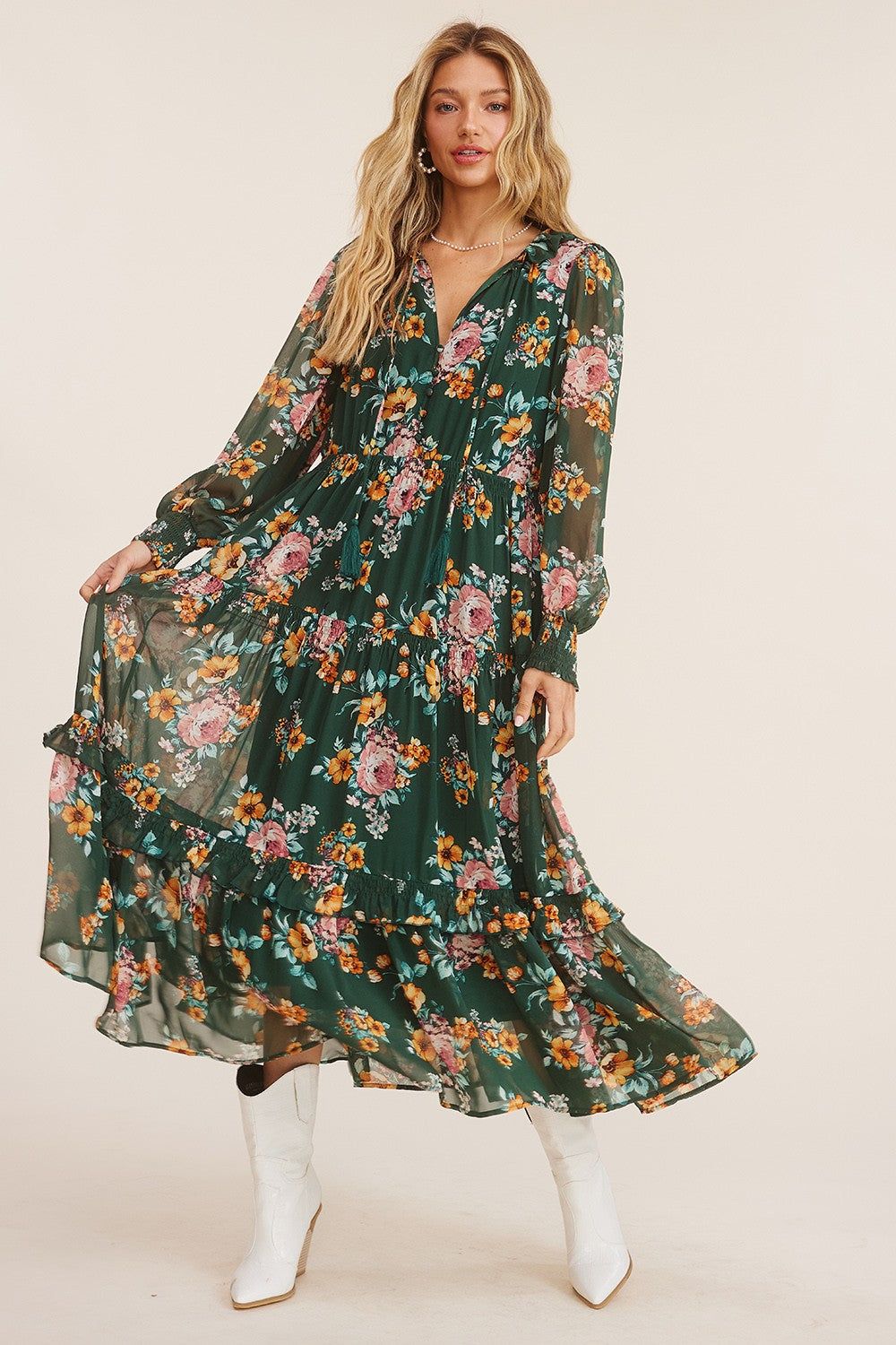 Green Tie Front Floral Print Tiered Maxi Dress sold by Pinkblush