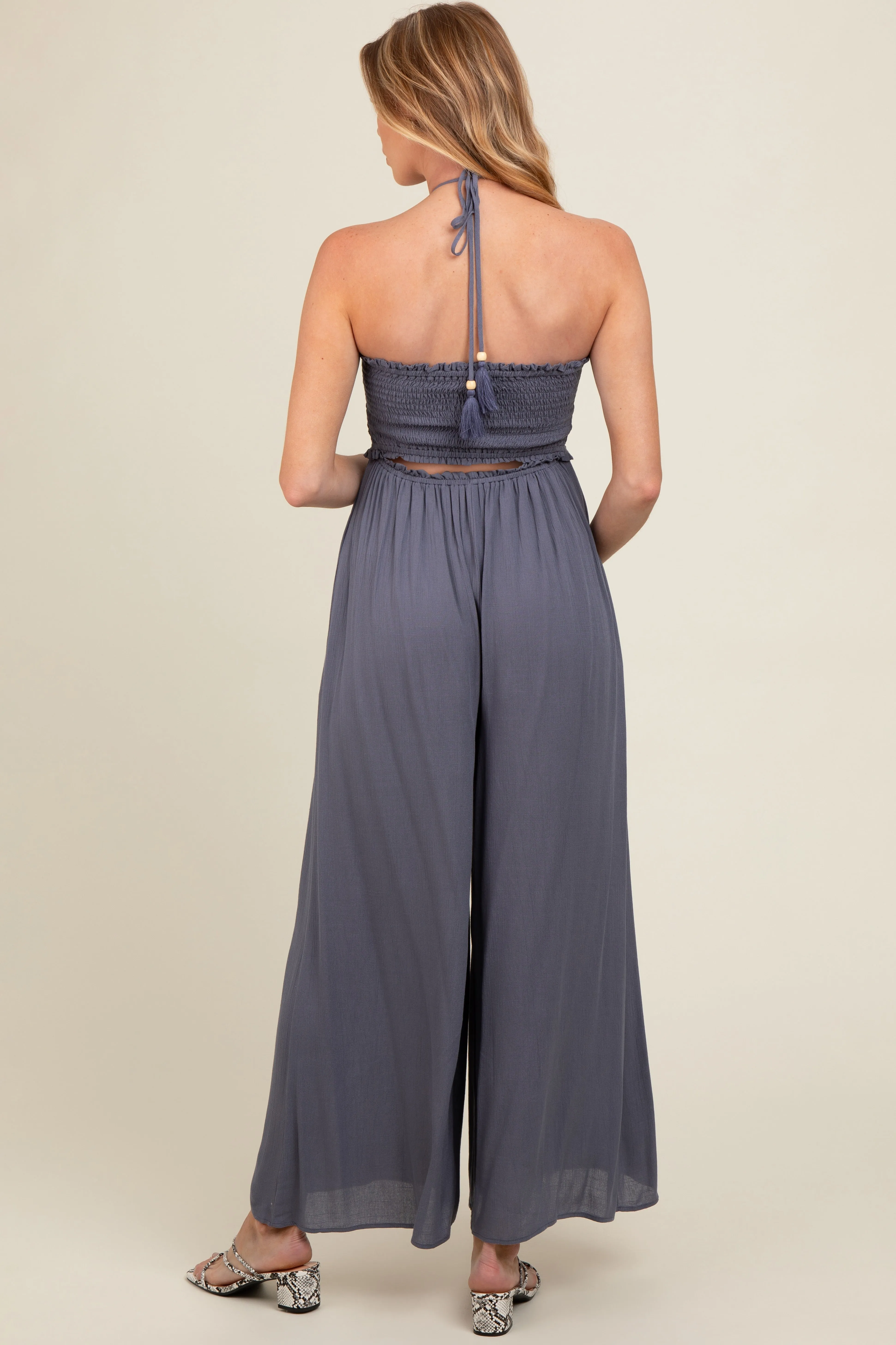 Indigo Back Cutout Smocked Halter Wide Leg Maternity Jumpsuit sold by Pinkblush product image thumbnail 4