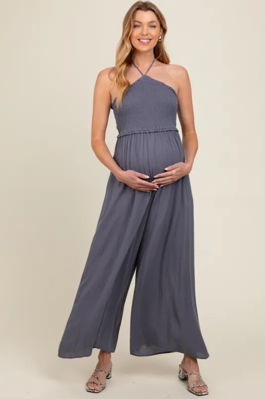 Indigo Back Cutout Smocked Halter Wide Leg Maternity Jumpsuit sold by Pinkblush