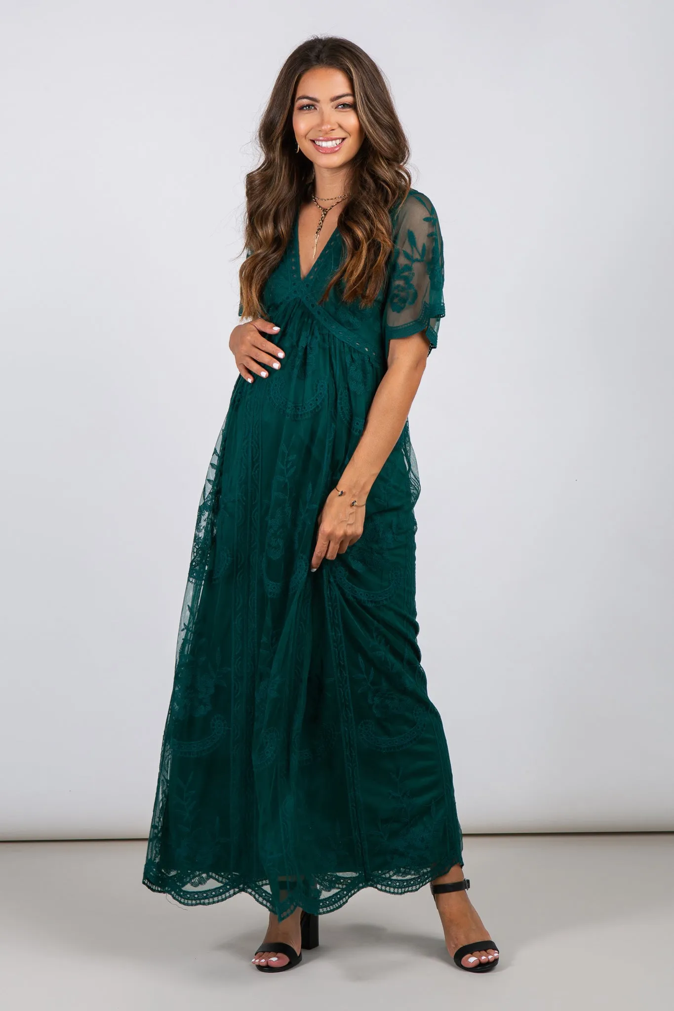 Forest Green Lace Mesh Overlay Maternity Maxi Dress sold by Pinkblush