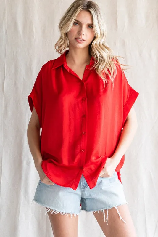 Red Satin Button Front Collared Short Sleeve Top sold by Pinkblush