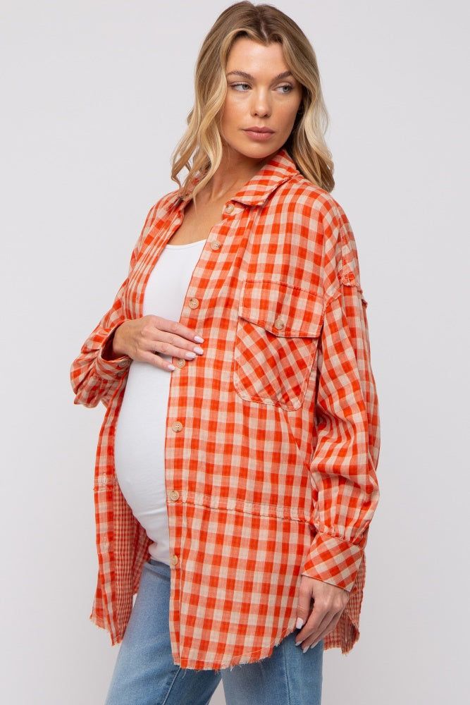Orange Mixed Plaid Fringe Maternity Button Down Top sold by Pinkblush product image thumbnail 2