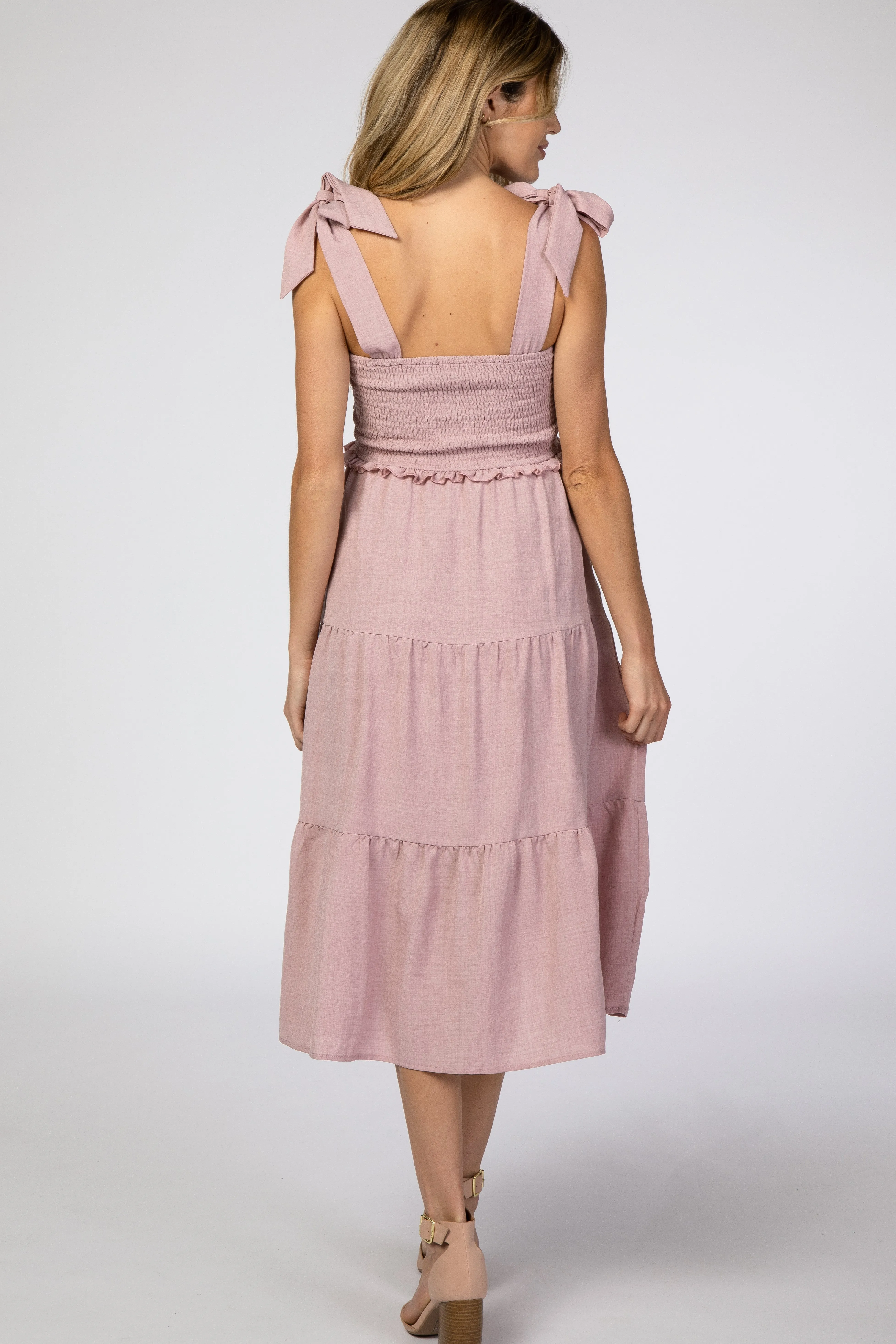 Mauve Bow Strap Tiered Maternity Midi Dress sold by Pinkblush product image thumbnail 3