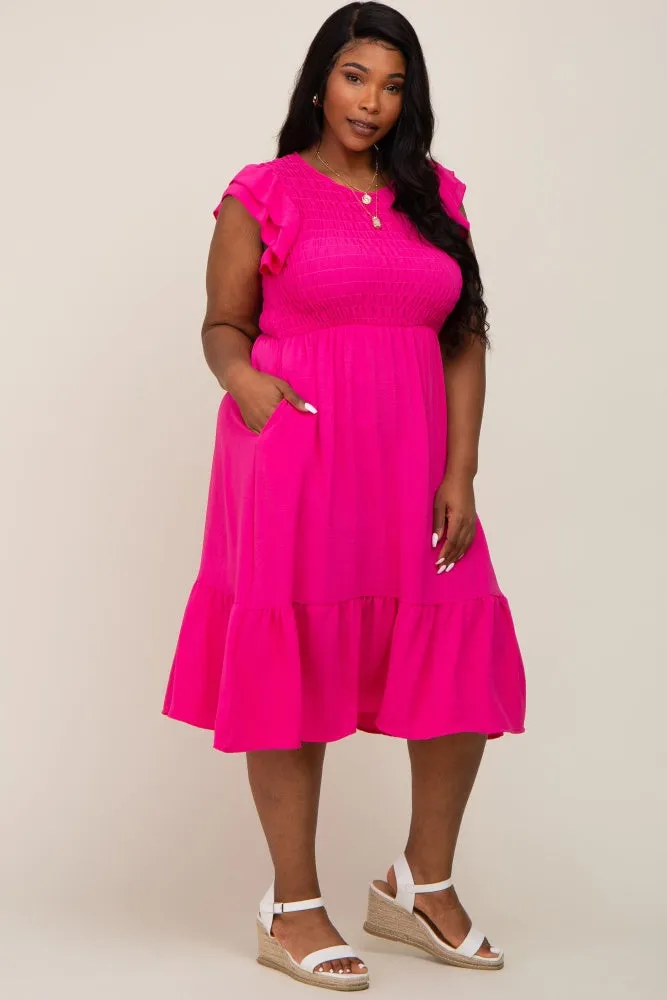 Fuchsia Smocked Layered Ruffle Flutter Sleeve Plus Midi Dress sold by Pinkblush product image thumbnail 2