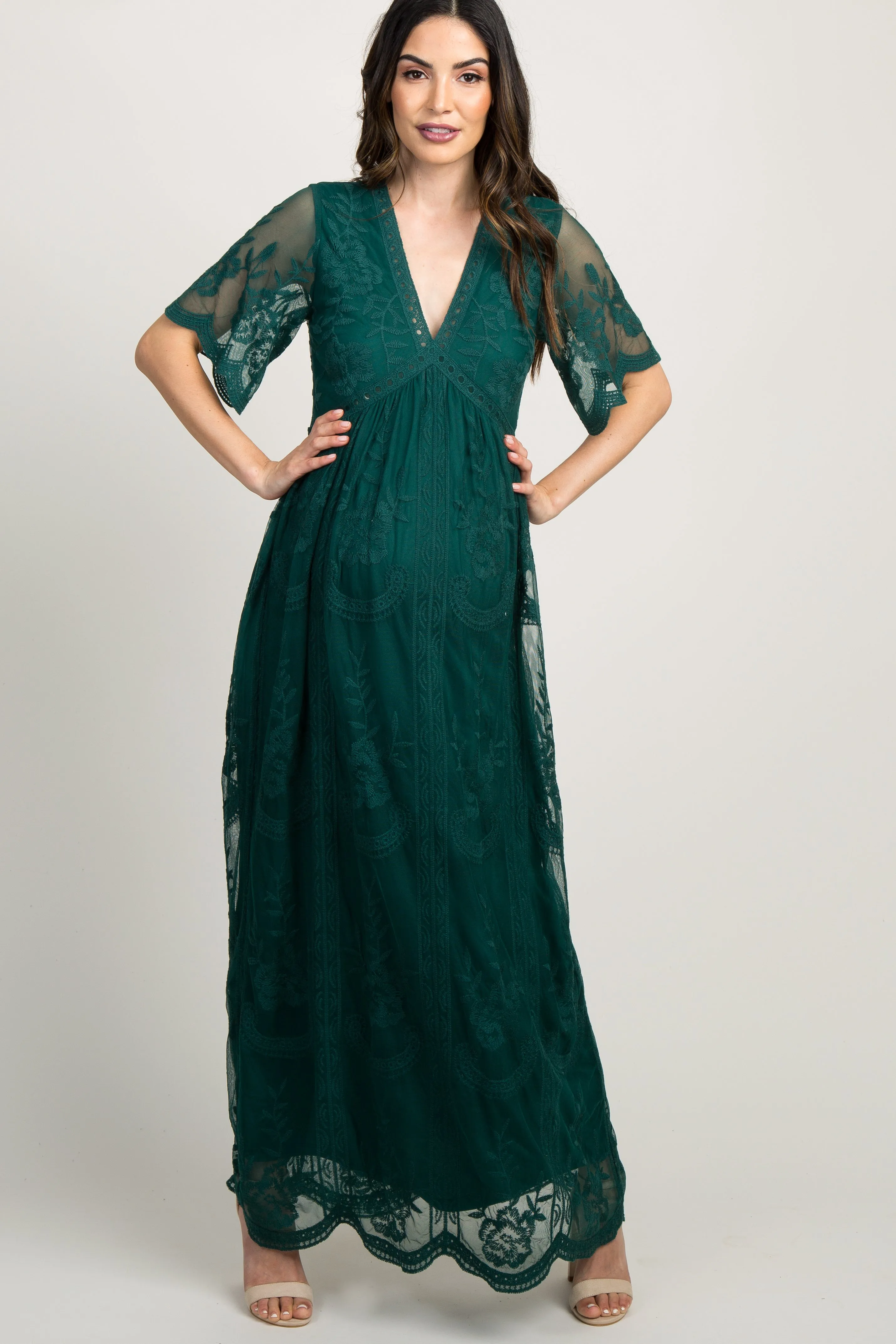 Forest Green Lace Mesh Overlay Maternity Maxi Dress sold by Pinkblush product image thumbnail 2