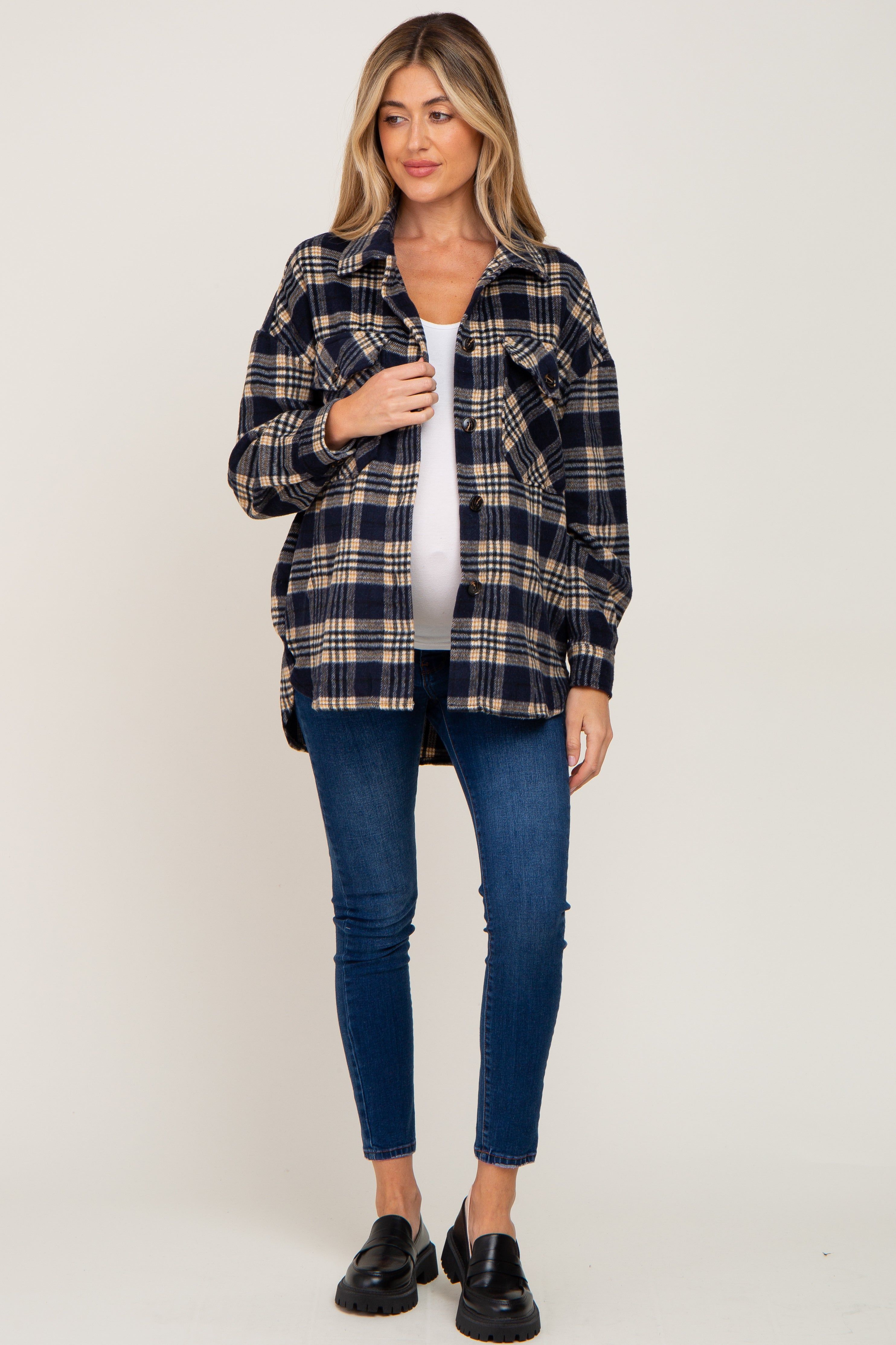 Navy Plaid Maternity Shirt Jacket sold by Pinkblush product image thumbnail 4