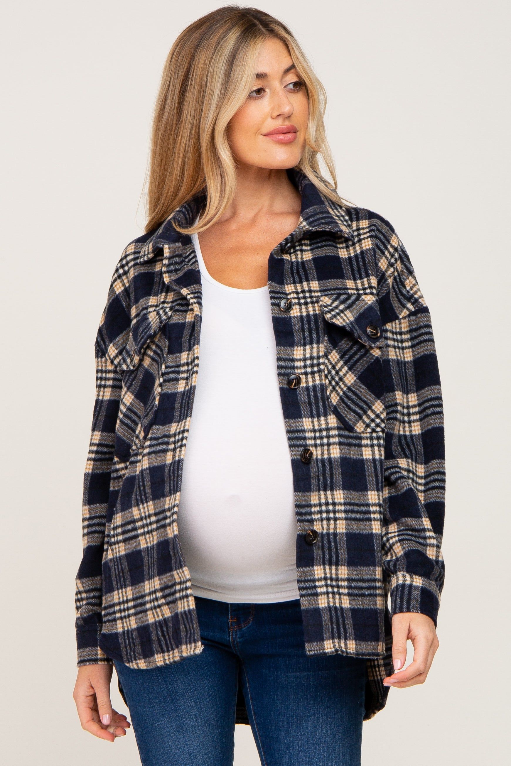 Navy Plaid Maternity Shirt Jacket sold by Pinkblush