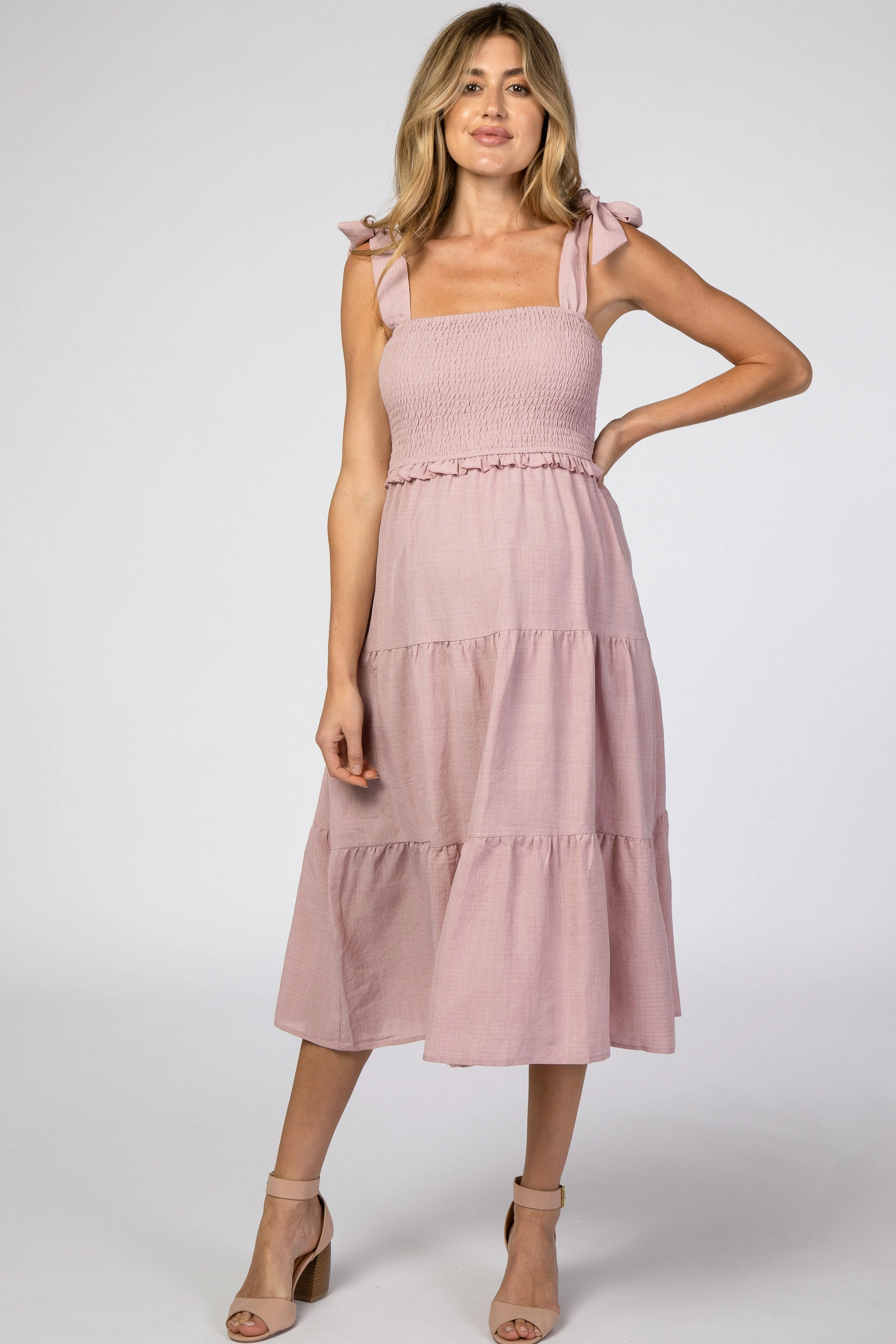 Mauve Bow Strap Tiered Maternity Midi Dress sold by Pinkblush product image thumbnail 4