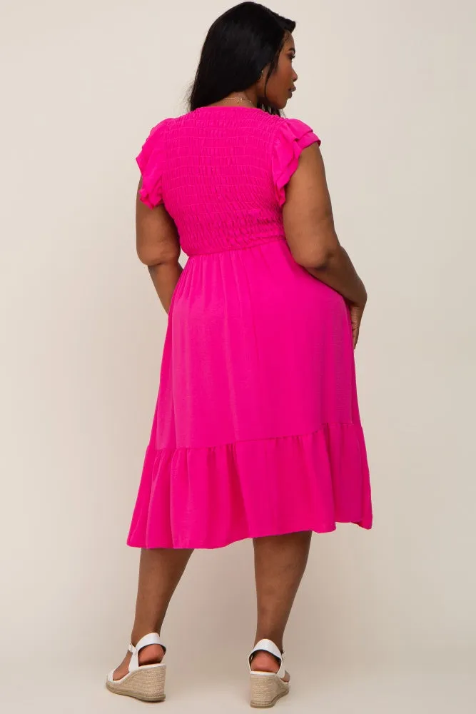 Fuchsia Smocked Layered Ruffle Flutter Sleeve Plus Midi Dress sold by Pinkblush product image thumbnail 3