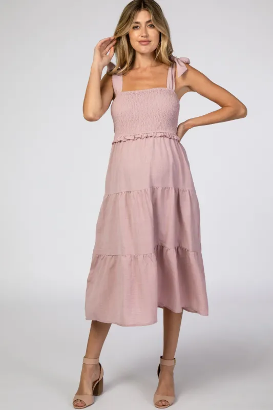 Mauve Bow Strap Tiered Maternity Midi Dress sold by Pinkblush