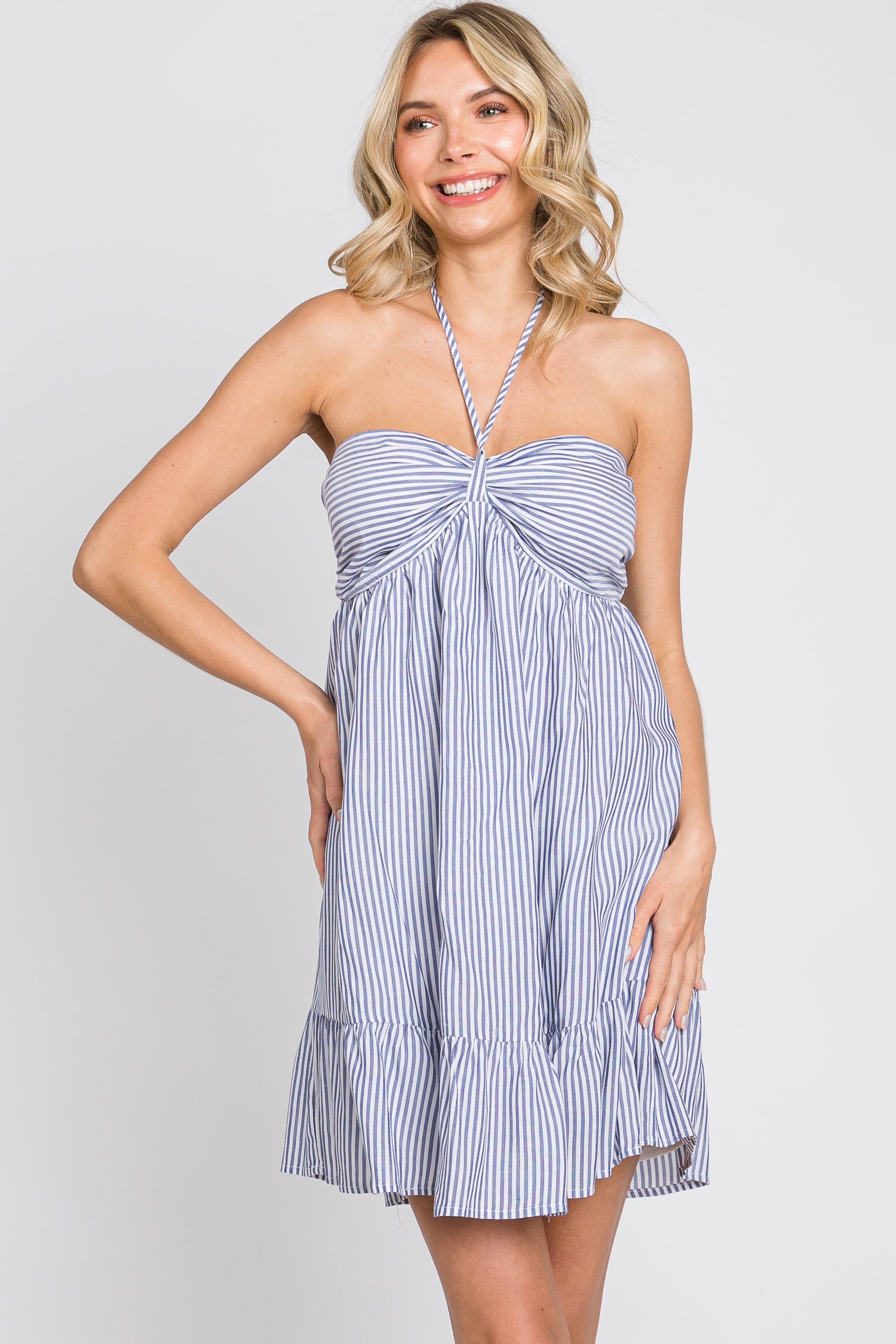 Blue Striped Halter Dress sold by Pinkblush