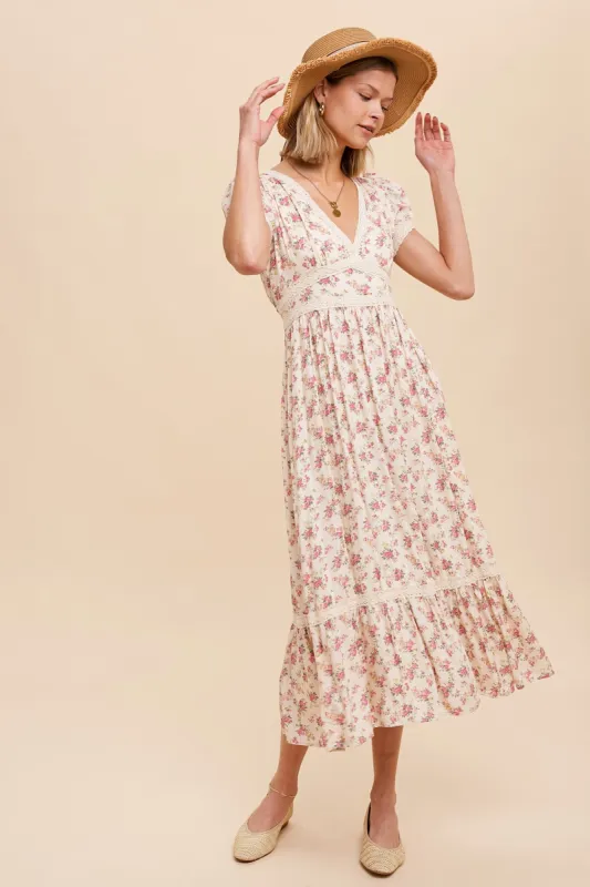 Cream Floral Print V Neck Maxi Dress sold by Pinkblush