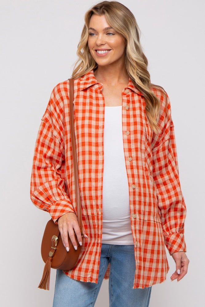 Orange Mixed Plaid Fringe Maternity Button Down Top sold by Pinkblush