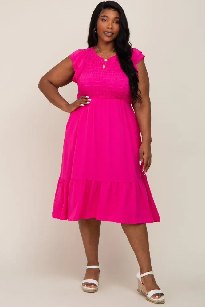 Fuchsia Smocked Layered Ruffle Flutter Sleeve Plus Midi Dress sold by Pinkblush product image thumbnail 4