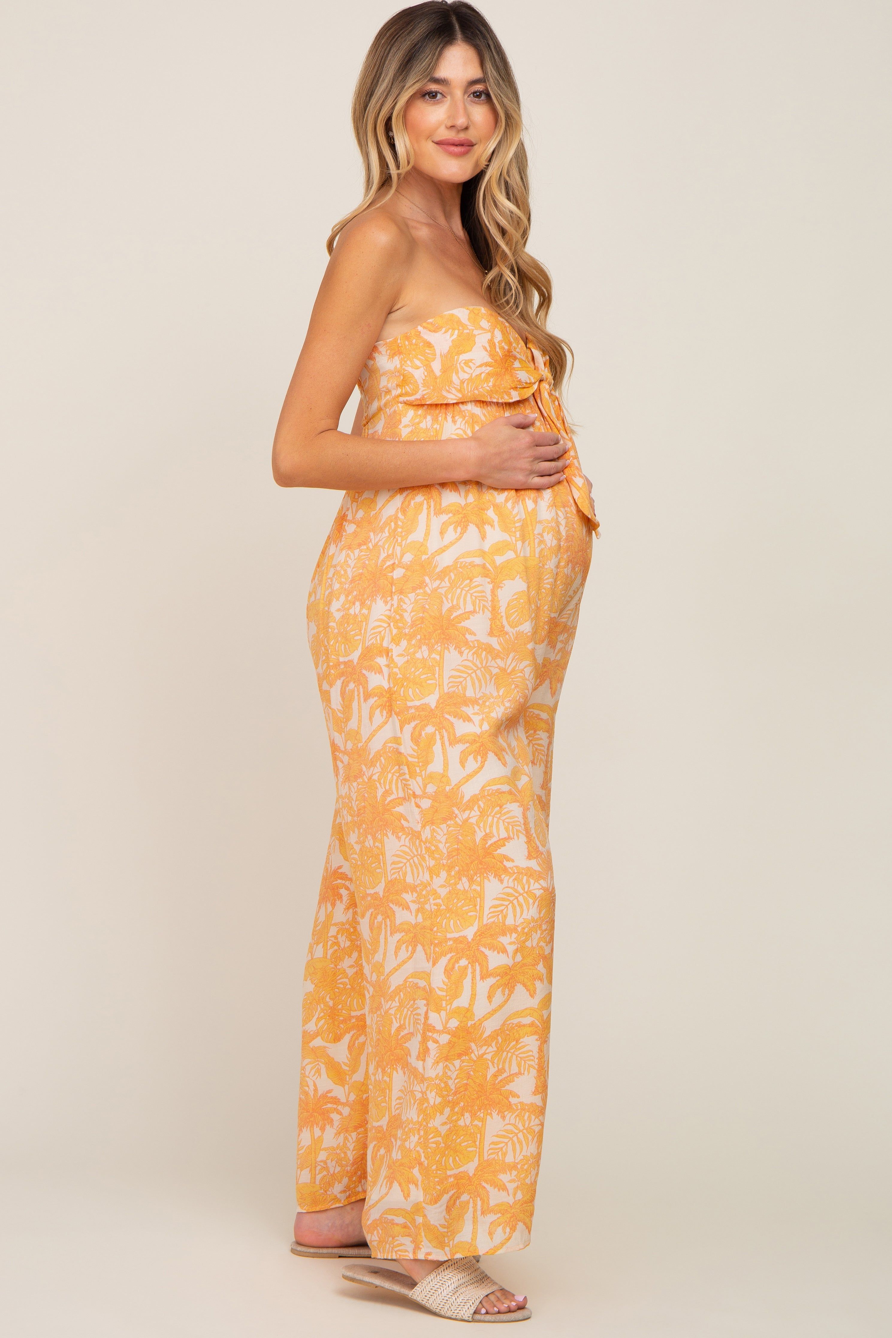 Orange Leaf Print Strapless Front Tie Maternity Jumpsuit sold by Pinkblush product image thumbnail 4