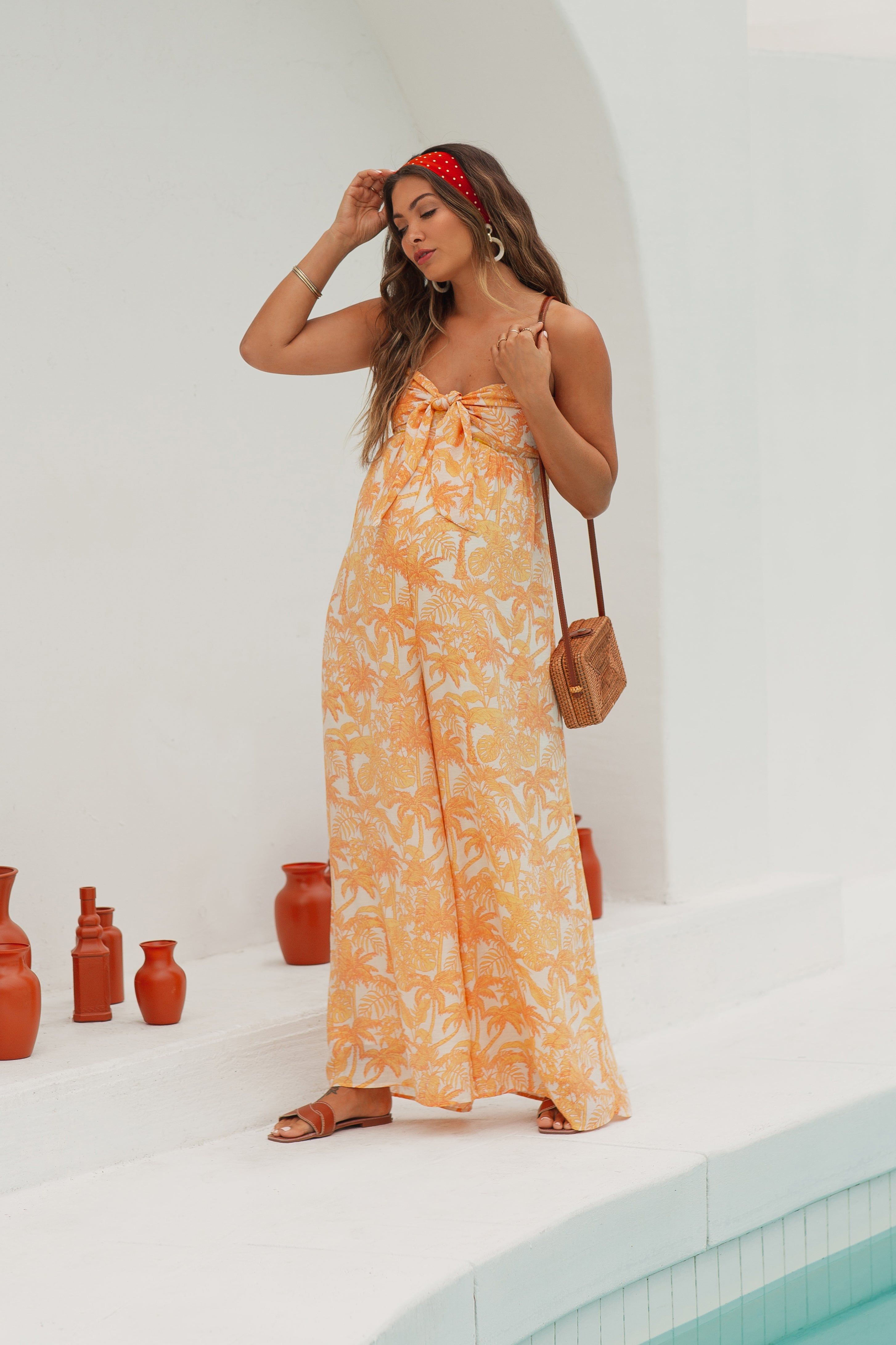 Orange Leaf Print Strapless Front Tie Maternity Jumpsuit sold by Pinkblush