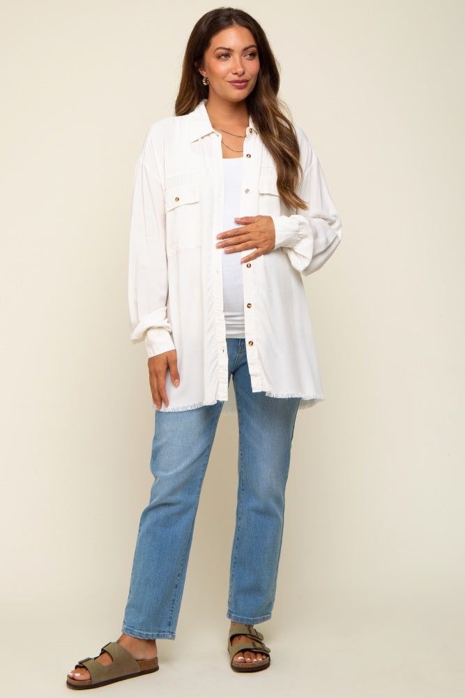 Ivory Collared Button Front Raw Hem Maternity Top sold by Pinkblush