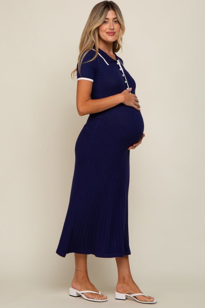 Navy Blue Collared Knit Maternity Midi Dress sold by Pinkblush product image thumbnail 2
