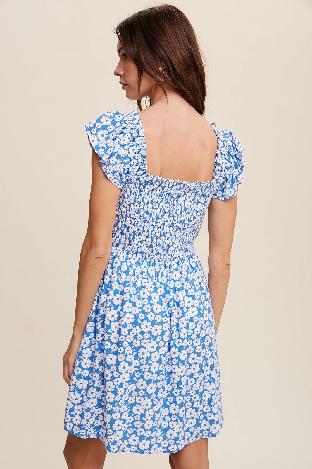 Blue Flower Print Smocked V-Neck Ruffle Sleeve Dress sold by Pinkblush product image thumbnail 5