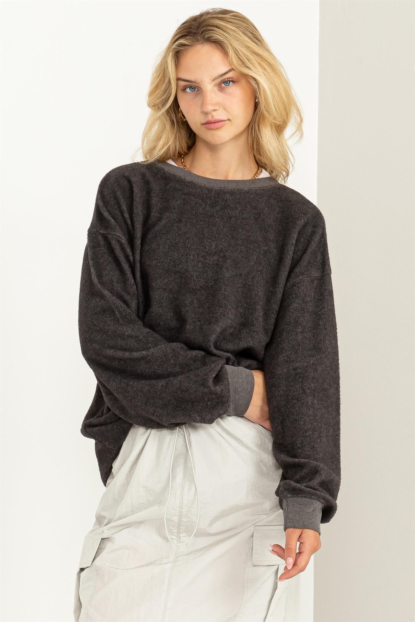 Charcoal Oversized Brushed Knit Long Sleeve Top sold by Pinkblush