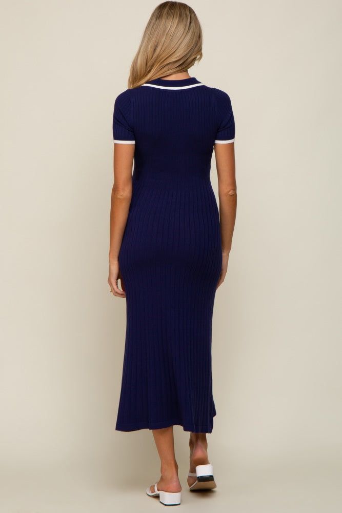 Navy Blue Collared Knit Maternity Midi Dress sold by Pinkblush product image thumbnail 3