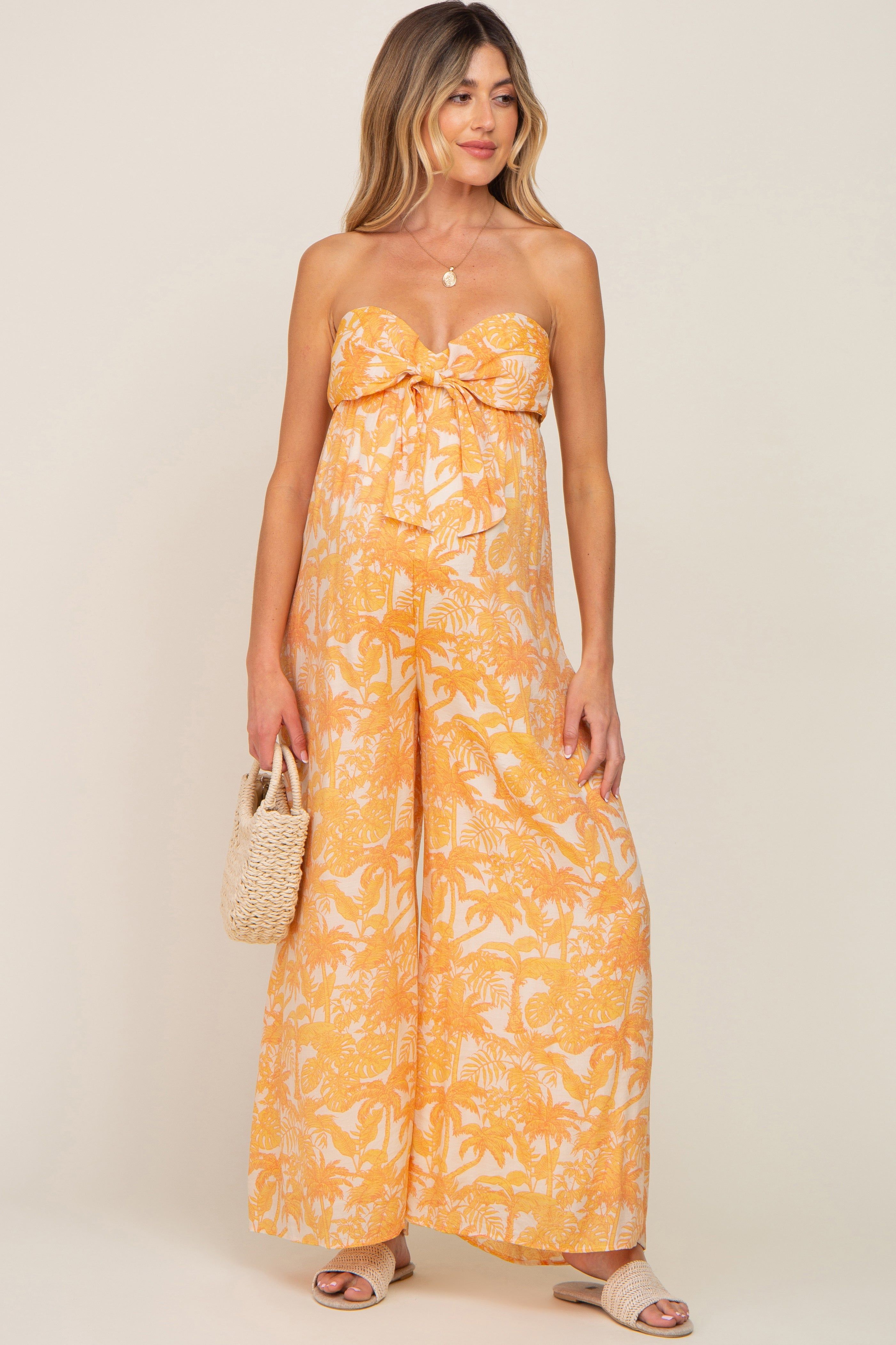 Orange Leaf Print Strapless Front Tie Maternity Jumpsuit sold by Pinkblush product image thumbnail 3
